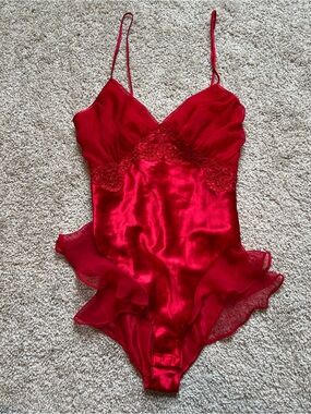 Vintage Victoria’s Secret Gold Label Satin Teddy Lingerie Bodysuit 80s Ruffle S